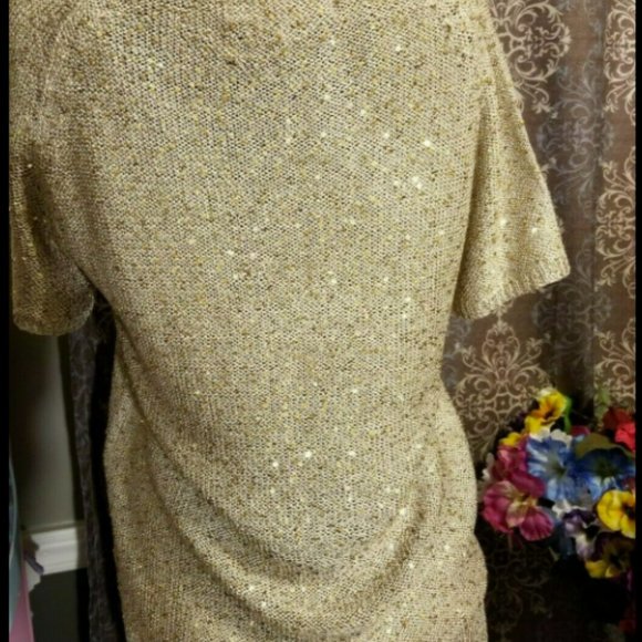 PHILOSOPHY REPUBLIC CLOTHING Gold/Tan Sequins Light Knit Sweater Top Women's L - Picture 3 of 3